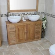 Large Oak Top Vanity Unit with Two Round White Ceramic Basins