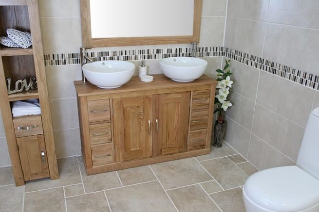 Large Oak Top Vanity Unit with Two Round White Ceramic Basins
