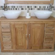 Large Oak Top Vanity Unit with Two White Oval Ceramic Basins - Front View