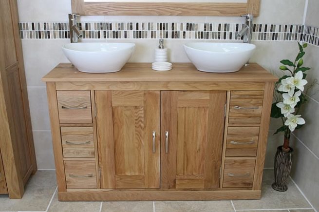 Large Oak Top Vanity Unit with Two White Oval Ceramic Basins - Front View