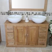 Double Basin Oak Top Vanity Unit with Two Round White Ceramic Basins