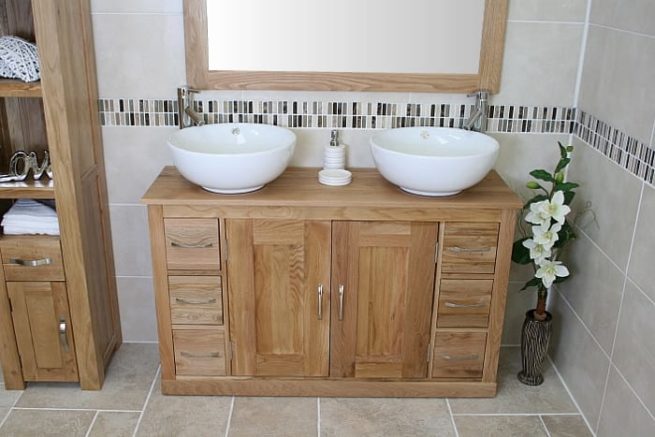 Double Basin Oak Top Vanity Unit with Two Round White Ceramic Basins