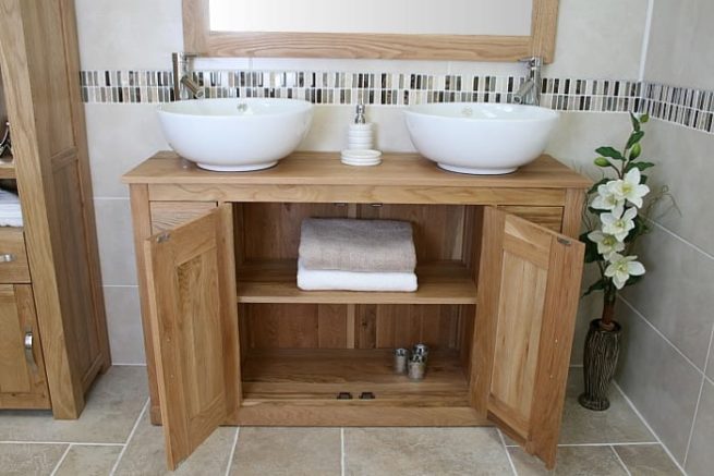 Big Oak Top Vanity Unit with Two White Round Ceramic Basins - Lots of Storage