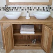 Double White Oval Ceramic Basins on Oak Top Vanity Unit with Open Doors