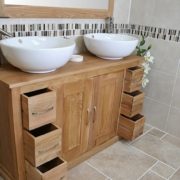 Large Oak Top Vanity Unit with Two Round White Ceramic Basins - Close-up Side View with Open Drawers