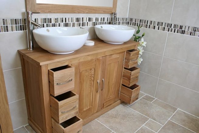 Large Oak Top Vanity Unit with Two Round White Ceramic Basins - Close-up Side View with Open Drawers