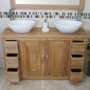 Two White Oval Ceramic Basins on Double Oak Top Vanity Unit
