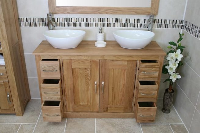 Two White Oval Ceramic Basins on Double Oak Top Vanity Unit