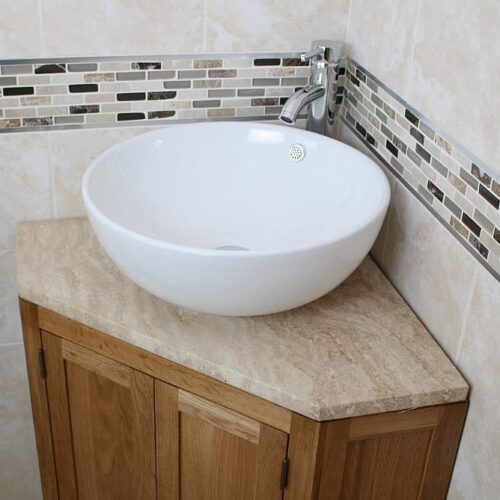 Curved Round Ceramic Wash Basin on Travertine Top Corner Vanity Unit - Closeup
