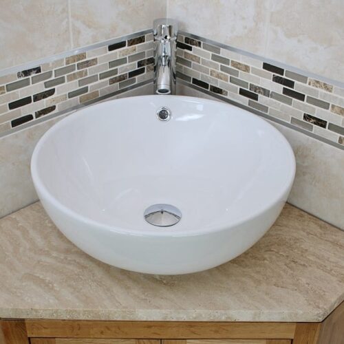Travertine Top Corner Vanity Unit with Curved Round Ceramic Basin & Chrome Mixer Tap