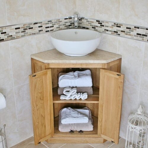 Corner Vanity Unit with Travertine Top & Ceramic Curved Round Wash Basin