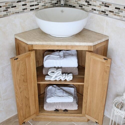 Round Curved Ceramic Basin on Travertine Top Vanity Unit, in Corner & Showing Storage