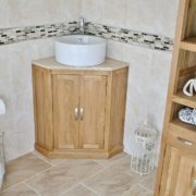 Travertine Top Corner Vanity Unit with Round Ceramic Wash Basin - Far View