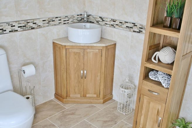 Travertine Top Corner Vanity Unit with Round Ceramic Wash Basin - Far View