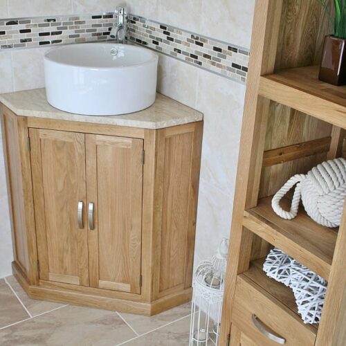 Corner Vanity Unit with Travertine Top and Round Ceramic Bathroom Basin - Side View