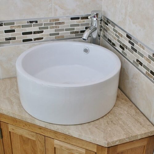 Travertine Top Corner Vanity Unit and Round Ceramic Wash Basin