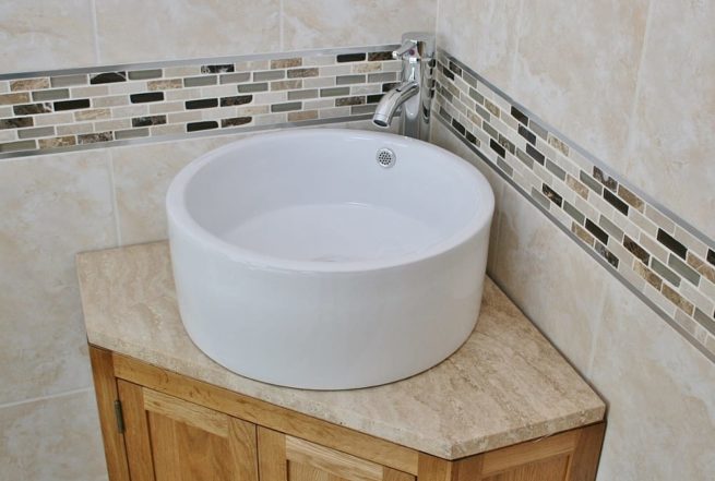 Travertine Top Corner Vanity Unit and Round Ceramic Wash Basin