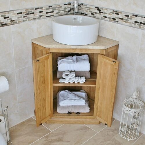 Corner Travertine Top Vanity Unit and Round Ceramic Basin Showing Open Cupboard