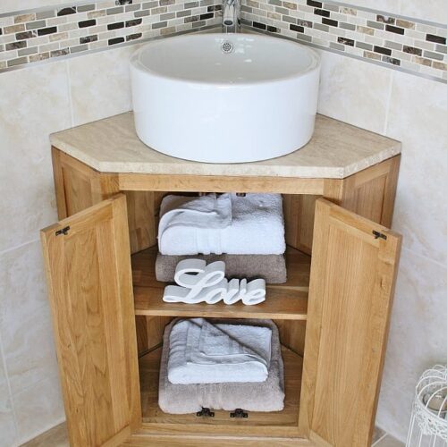 Corner Vanity Unit with Travertine Top & Round Ceramic Basin - Showing Storage