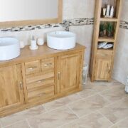 Large Oak Topped Vanity unit with Two White Ceramic Bowls
