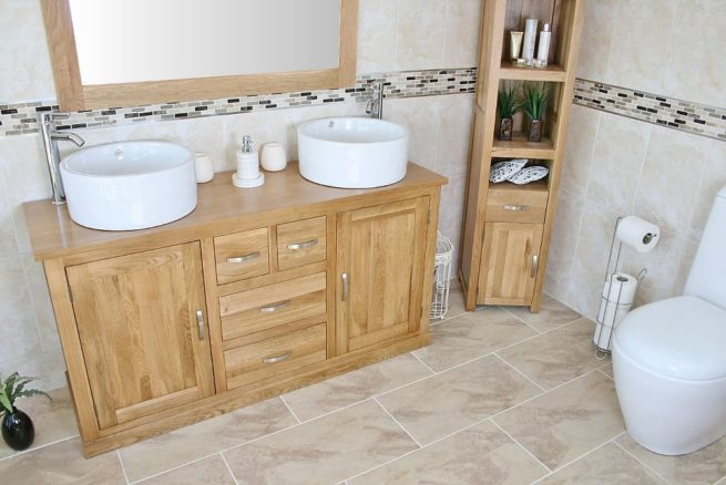 Large Oak Topped Vanity unit with Two White Ceramic Bowls
