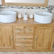 Two White Ceramic Bowls on Large Oak Topped Vanity Unit - Front View
