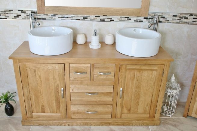 Two White Ceramic Bowls on Large Oak Topped Vanity Unit - Front View