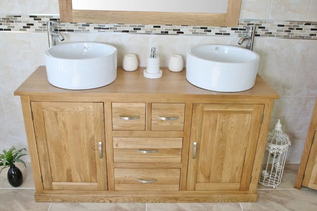 Two White Ceramic Bowls on Large Oak Topped Vanity Unit - Front View