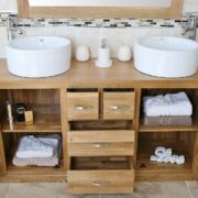 Showing all Storage in Oak Topped Vanity Unit with Two White Ceramic Bowls