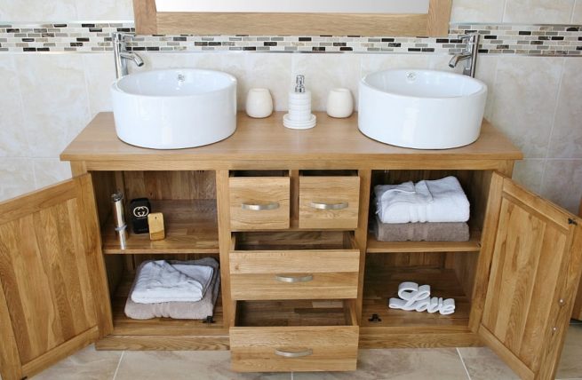 Showing all Storage in Oak Topped Vanity Unit with Two White Ceramic Bowls