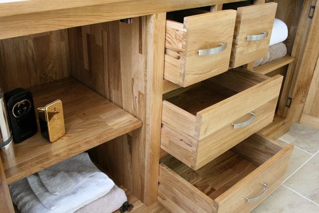 Oak Drawers Open Showing Storage in Large Oak Vanity Unit