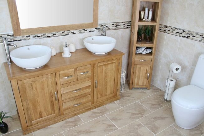 Large Oak Topped Vanity unit with Two White Ceramic Round Basins