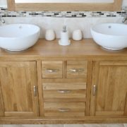 Two White Ceramic Round Basins on Large Oak Topped Vanity Unit - Front View