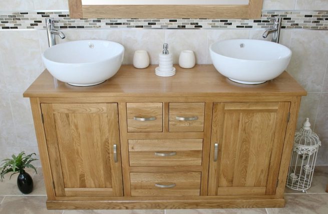 Two White Ceramic Round Basins on Large Oak Topped Vanity Unit - Front View
