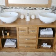 Open Drawers on Large Oak Top Vanity Unit with Two White Ceramic Round Basins