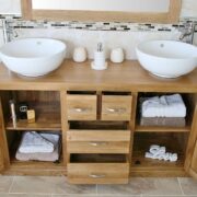 Showing all Storage in Large Oak Topped Vanity Unit with White Ceramic Round Basins