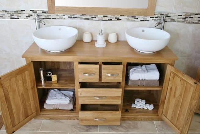Showing all Storage in Large Oak Topped Vanity Unit with White Ceramic Round Basins