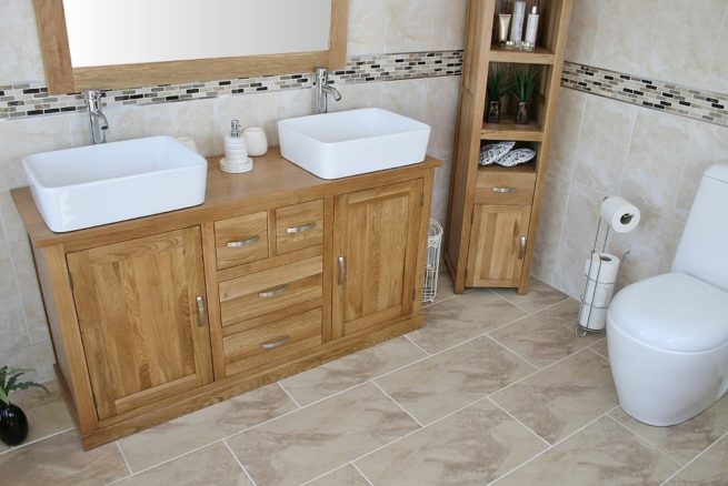 Large Oak Topped Vanity unit with Two White Ceramic Rectangle Basins