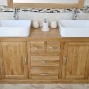 Two White Ceramic Rectangle Basins on Large Oak Topped Vanity Unit - Front View