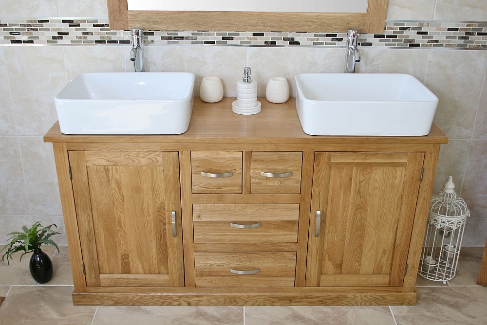 Two White Ceramic Rectangle Basins on Large Oak Topped Vanity Unit - Front View