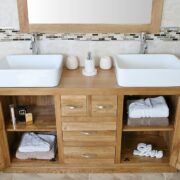 Open Drawers on Large Oak Topped Vanity Unit with Two White Ceramic Rectangle Basins