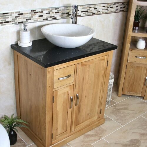 Oval White Ceramic Basin on Black Quartz Top Vanity Unit