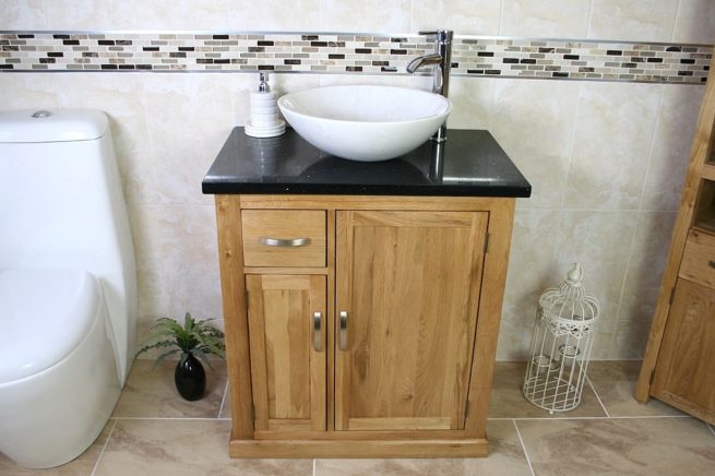 Black Quartz Top Vanity Unit with Oval White Ceramic Basin