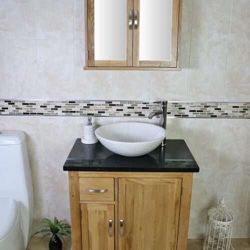 White Oval Ceramic Basin on Black Quartz Top Vanity Unit and Oak Mirror Cabinet