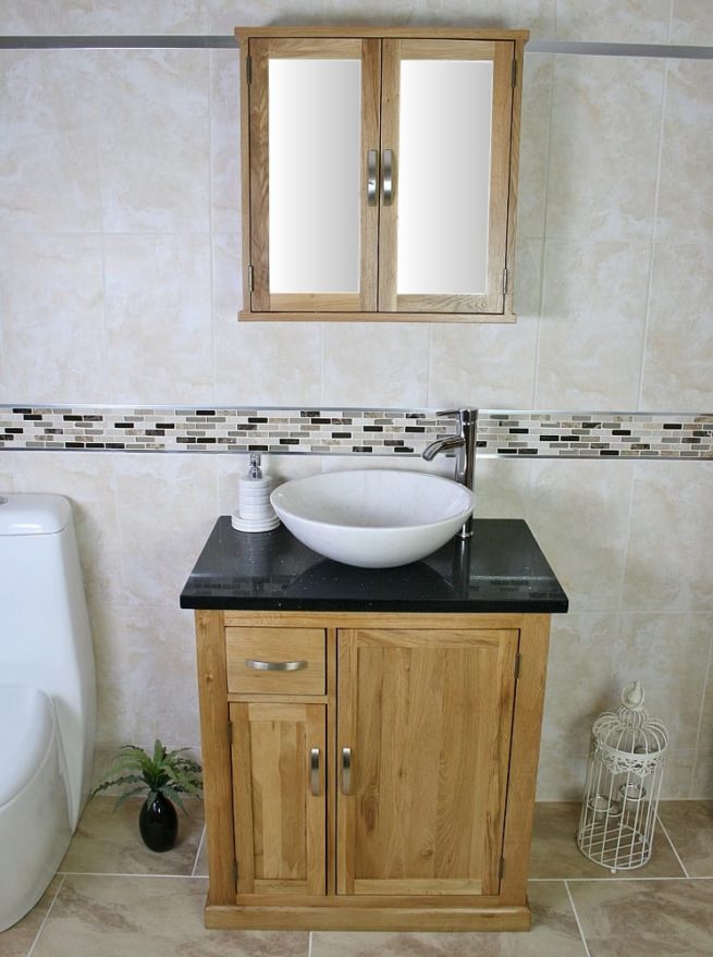 White Oval Ceramic Basin on Black Quartz Top Vanity Unit and Oak Mirror Cabinet