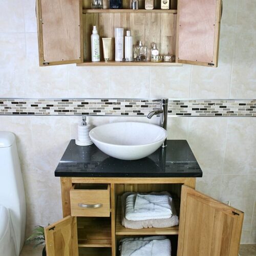 Black Quartz Top Vanity Unit and White Oval Ceramic Basin with Oak Cabinet - Showing Storage