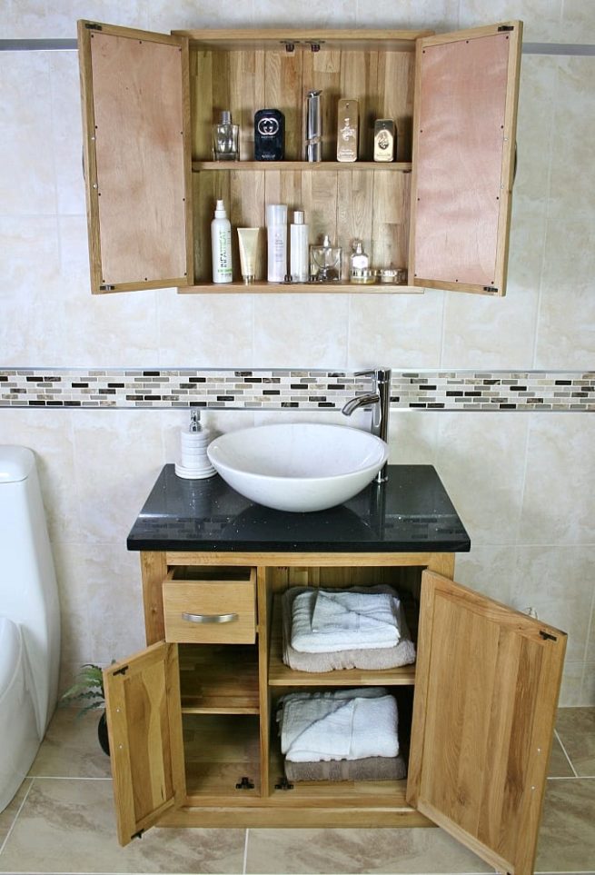 Black Quartz Top Vanity Unit and White Oval Ceramic Basin with Oak Cabinet - Showing Storage