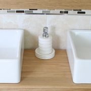 Close-Up of White Square Ceramic Basins on Large Oak Top Vanity Unit