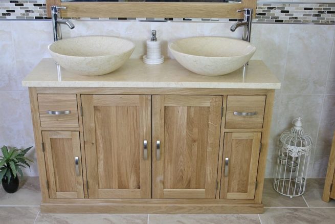 Two Cream Marble Basins on Large Cream Marble Topped Oak Vanity Unit - Front View