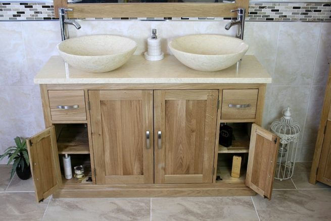 Side Doors Open on Large Oak Vanity Unit with Cream Marble Top & Oval Cream Marble Basins